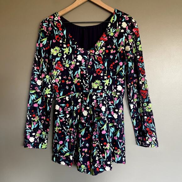 SALONI Florence Playsuit Size 6 Navy Blue Floral Embroidered Silk Long Sleeve - Picture 11 of 16